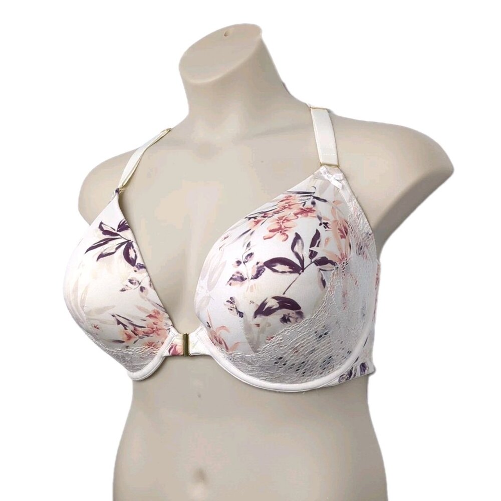 Cacique Lane Bryant Womens Bra Boost Plunge U/W Front Close 48D White Floral